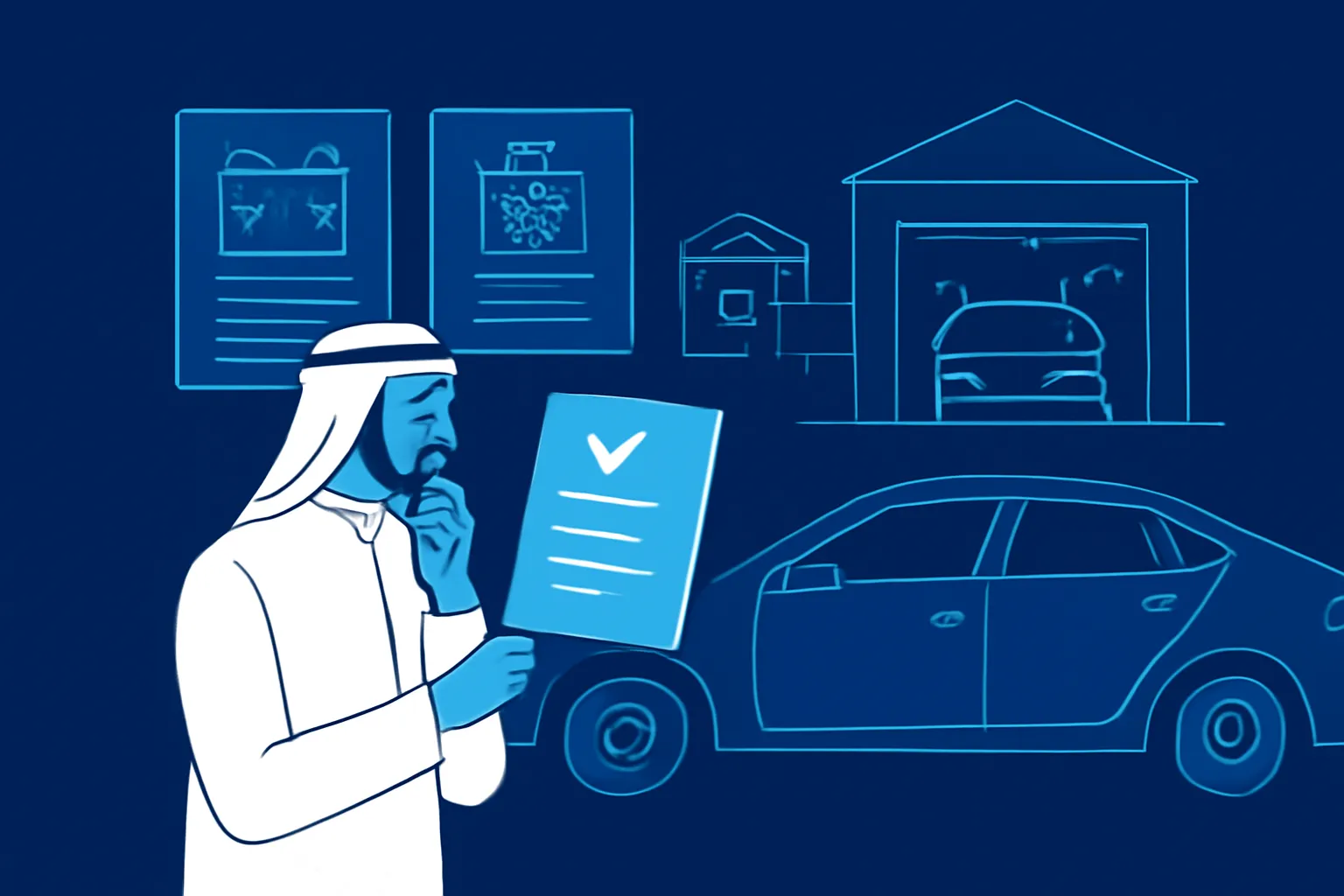 UAE driver comparing auto electrical and air conditioning repair quotes beside a parked car