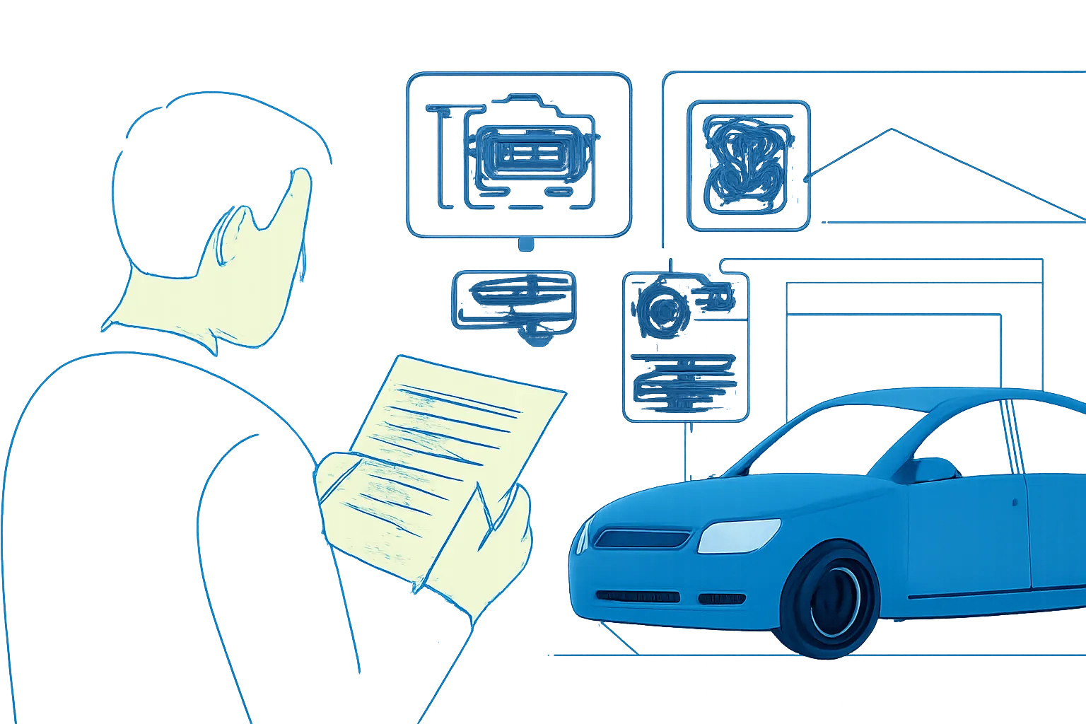 Driver reviewing a garage invoice, repair photos and messages beside a parked car