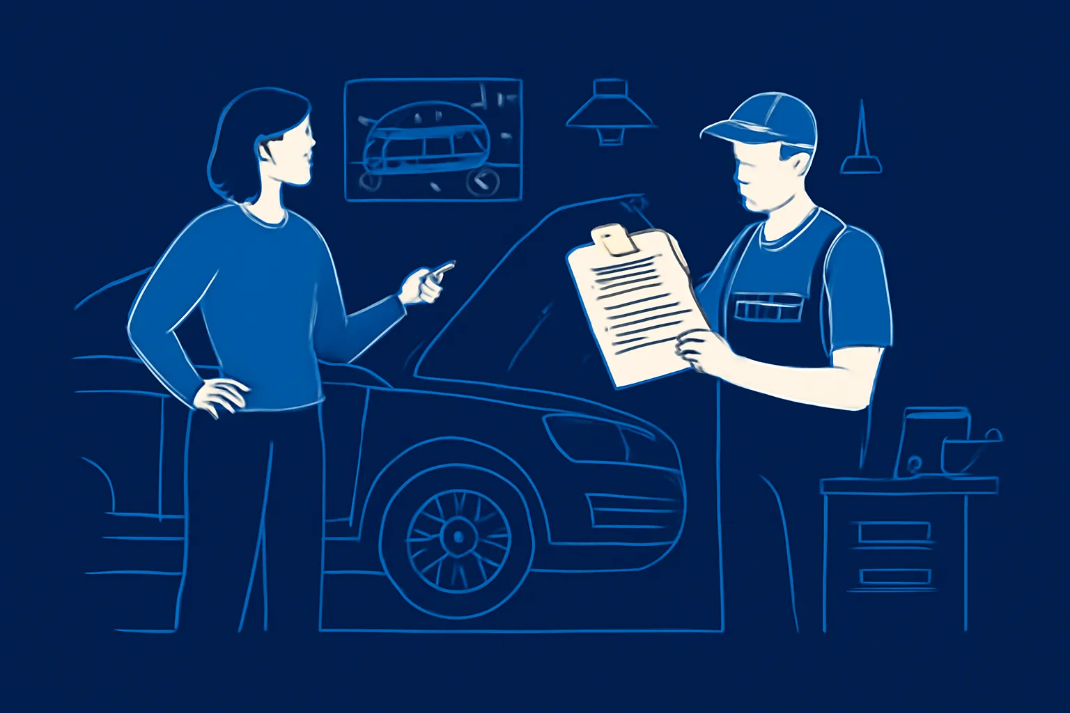 Car owner checking a technician’s credentials beside a vehicle at a UAE workshop