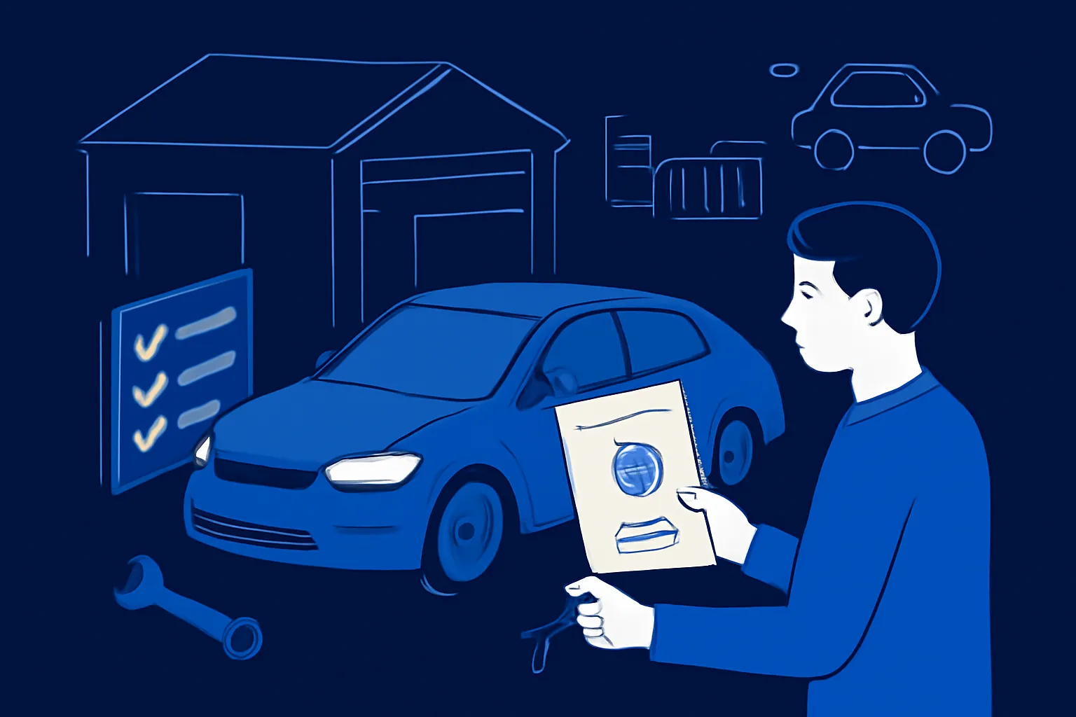 Driver checking a garage insurance document beside a car before handing over keys