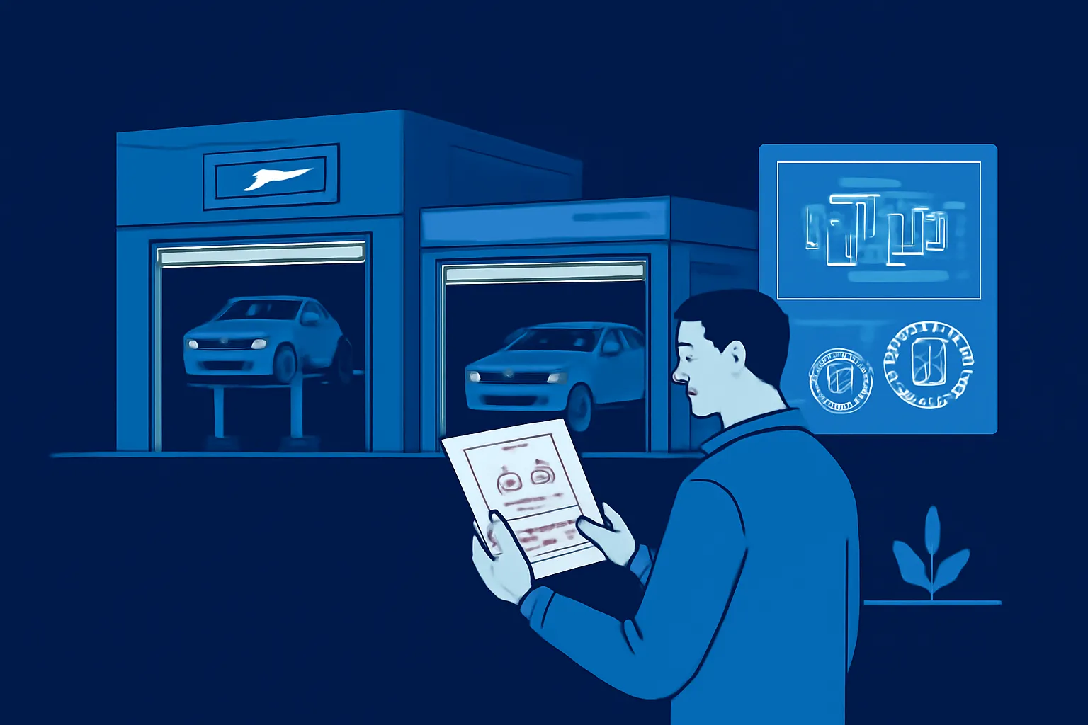 Driver comparing repair estimates beside independent garages in Al Quoz