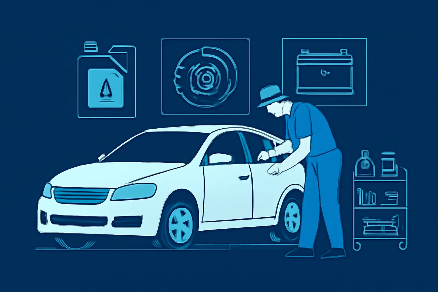 Dubai car workshop technician checking fluids and service parts beside a customer vehicle