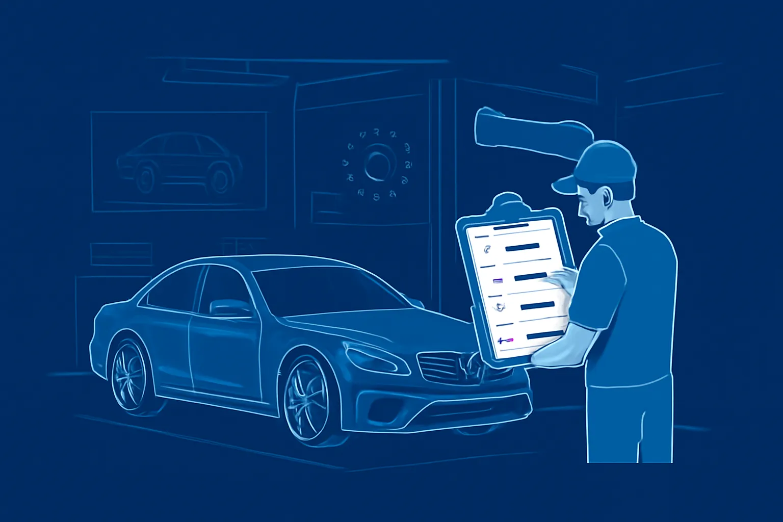 Mercedes sedan at a Dubai workshop while a technician checks its service schedule