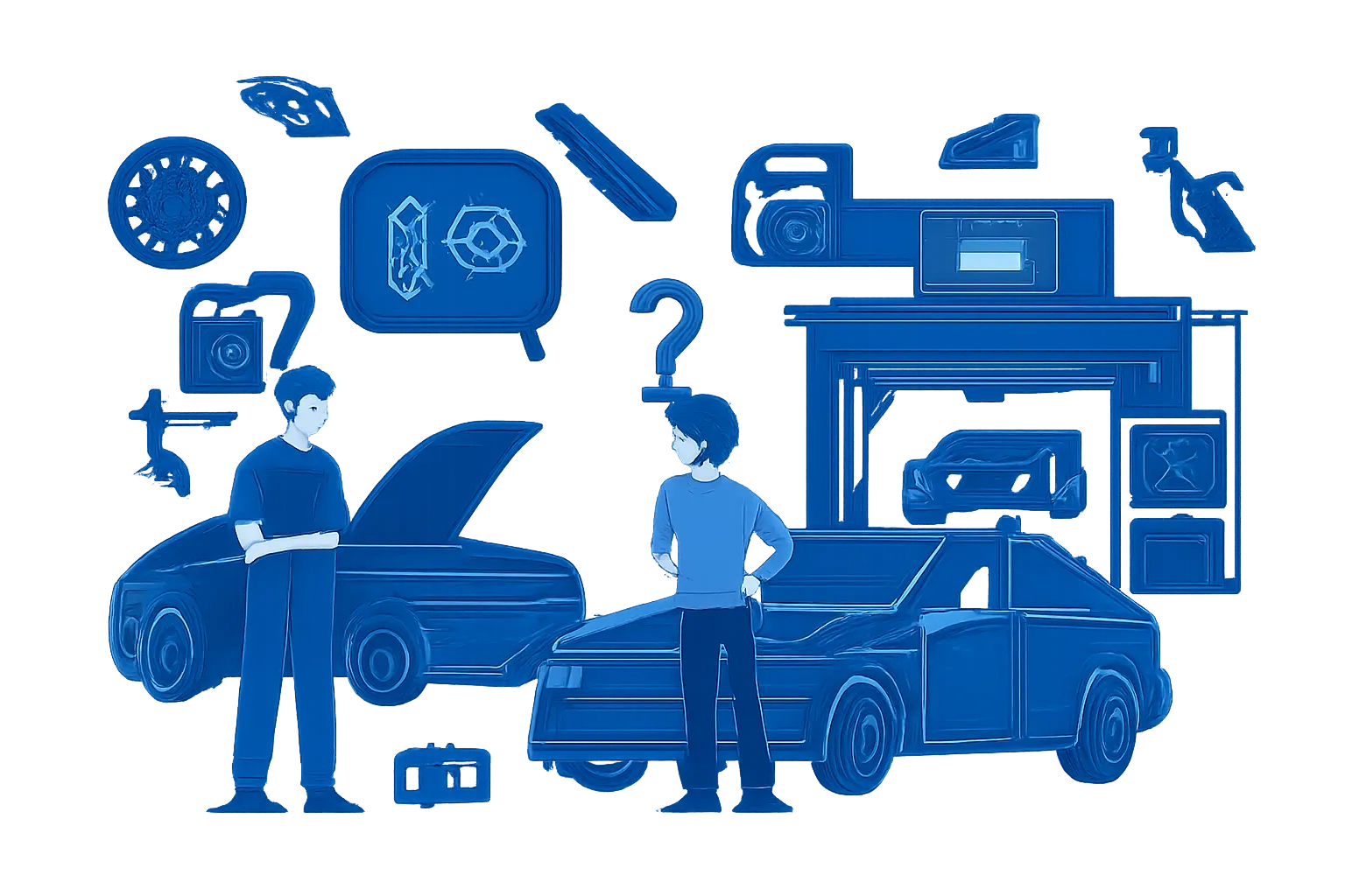 Driver compares a mobile mechanic and garage options beside a UAE car
