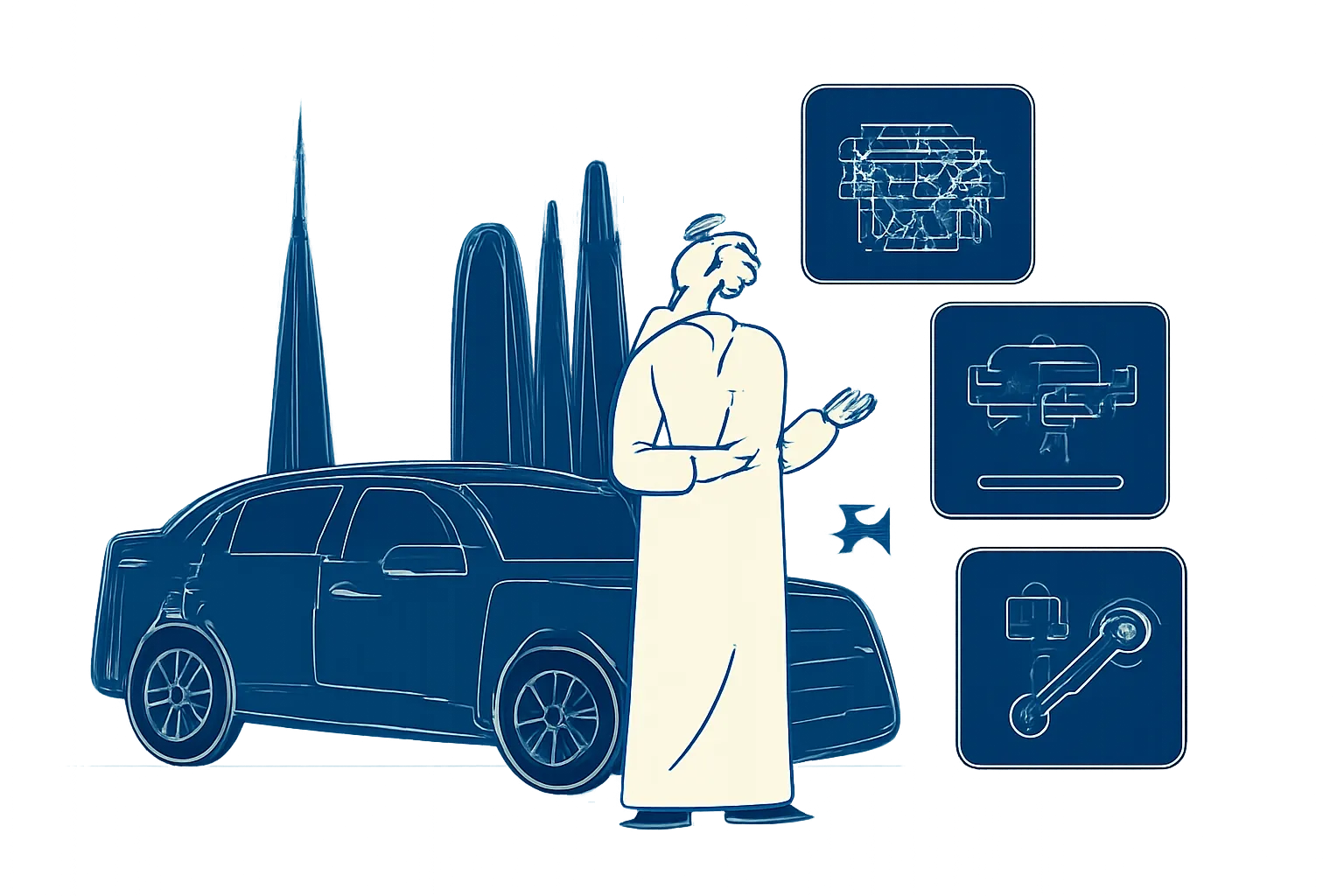 UAE driver comparing repair options beside a car in Dubai or Abu Dhabi