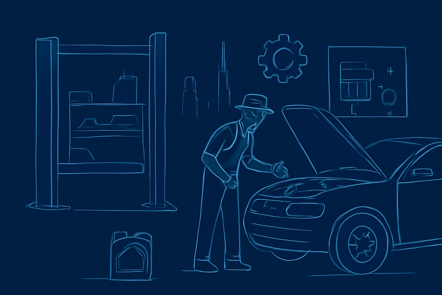 Mechanic checking engine oil level beside a car in a Dubai workshop