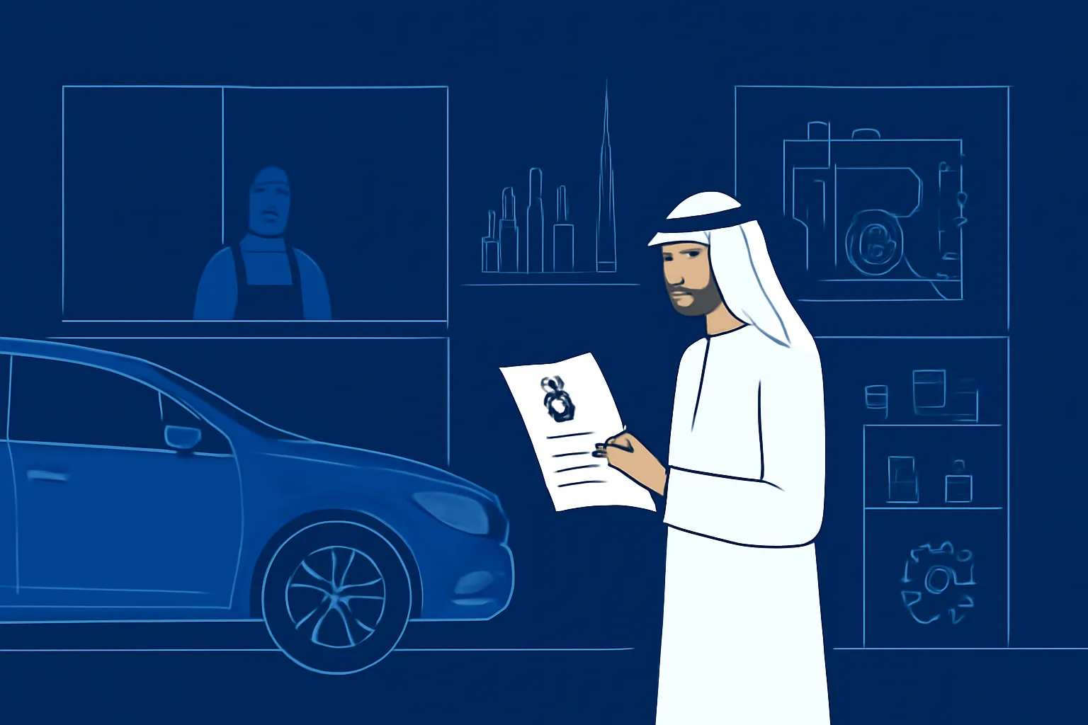 Driver checking an oil change quote beside a workshop service desk in Dubai