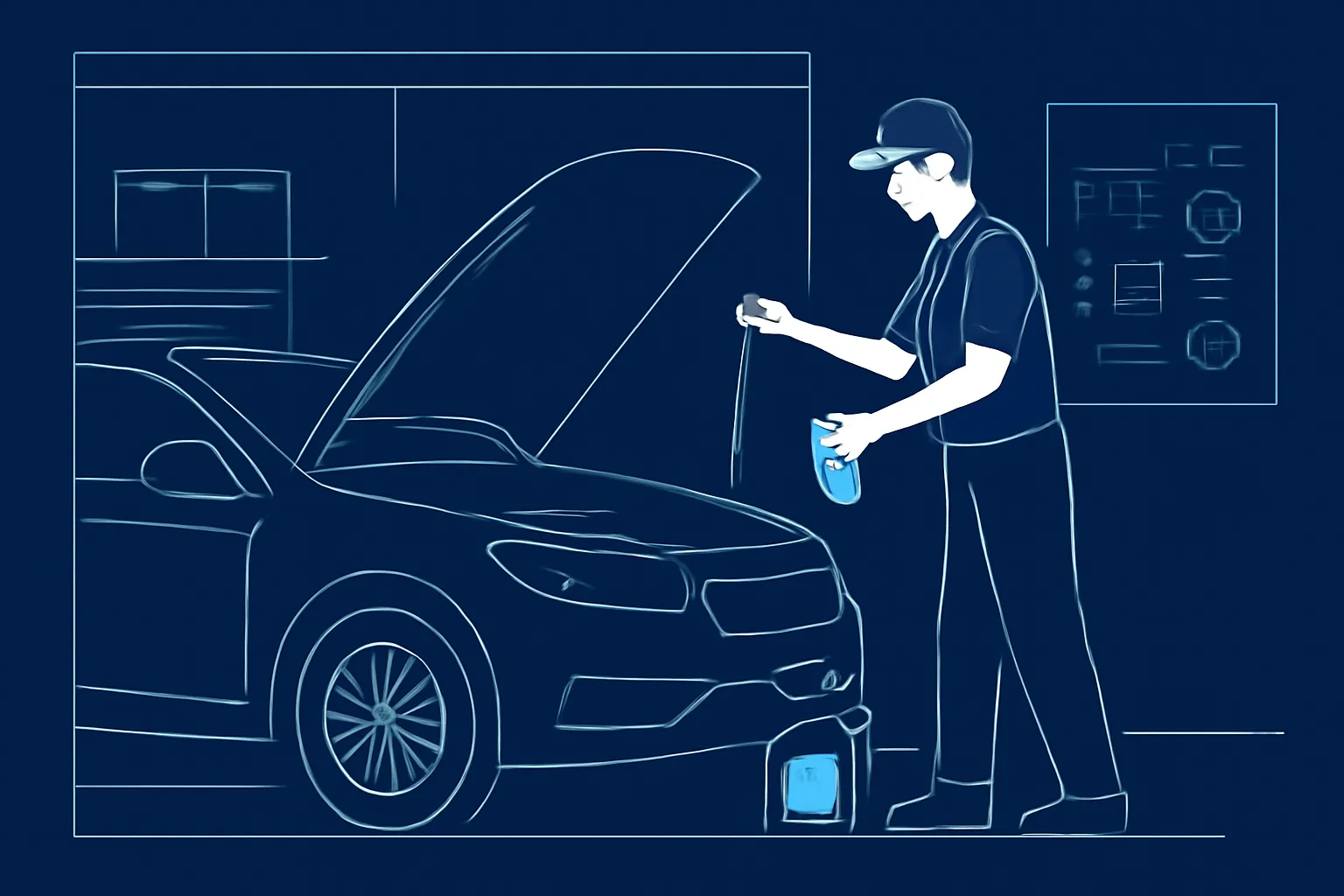 Mechanic checking engine oil level beside a car in a UAE workshop