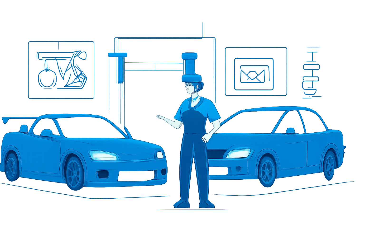 Mechanic comparing a modified performance car with a standard car in a UAE workshop