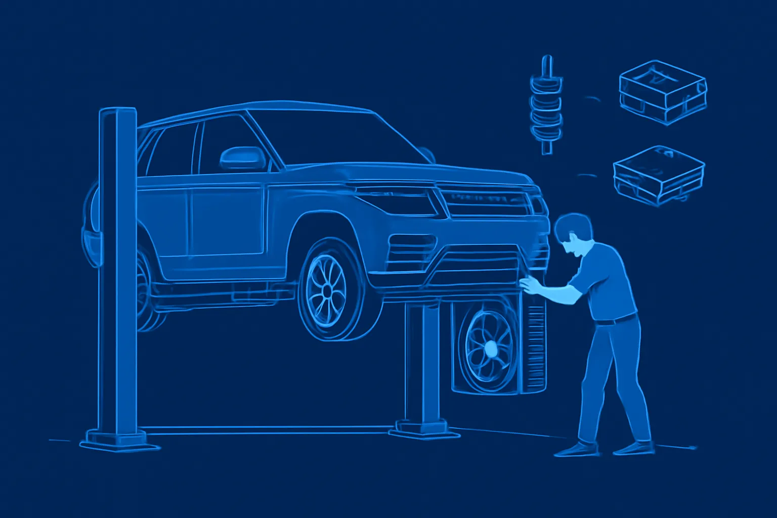 Range Rover raised on a workshop lift while a technician checks suspension and cooling components