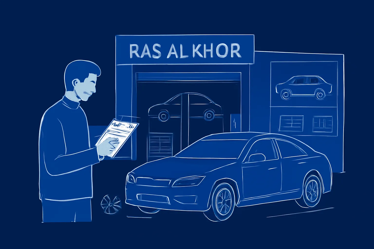 Driver reviews a repair estimate beside a car outside a Ras Al Khor garage