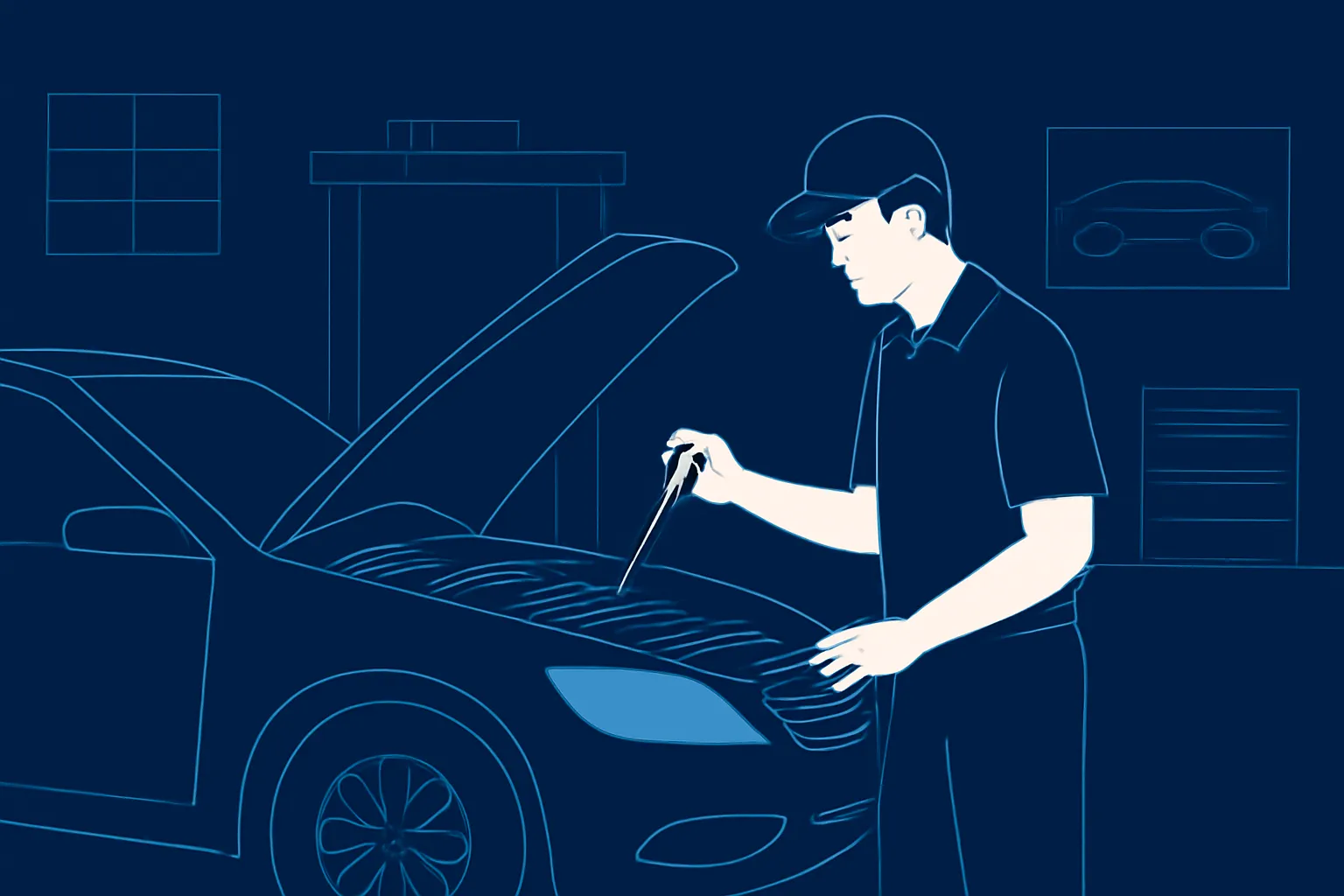 Mechanic checking engine oil level beside a car in a UAE workshop