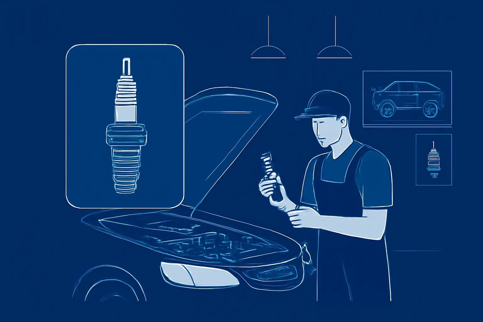Mechanic checking spark plugs beside an open car engine in a UAE workshop