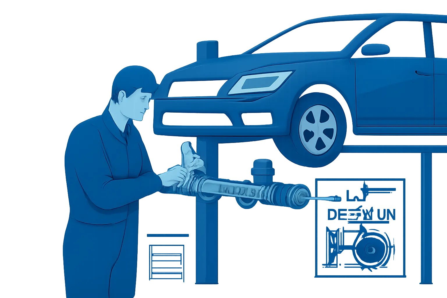Mechanic inspecting a vehicle steering rack on a workshop lift in the UAE