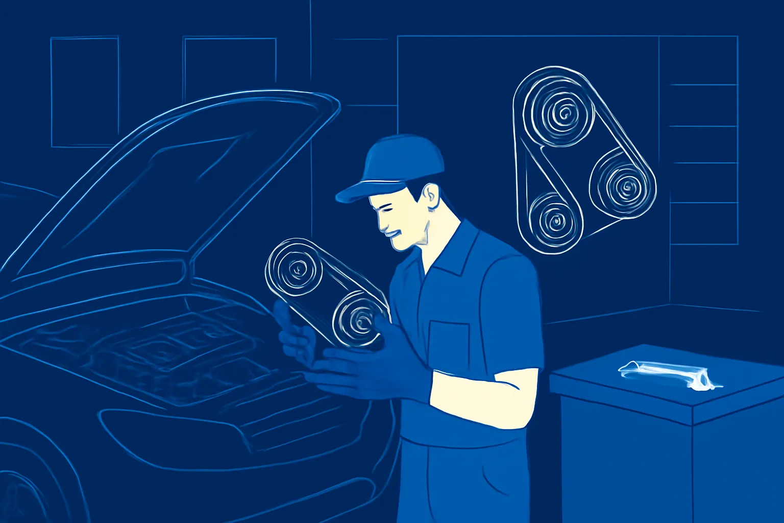 Mechanic inspecting a timing belt kit beside a car engine in a UAE workshop