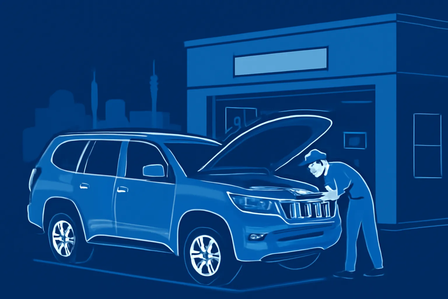 Toyota Prado parked outside an Abu Dhabi garage while a technician checks its engine