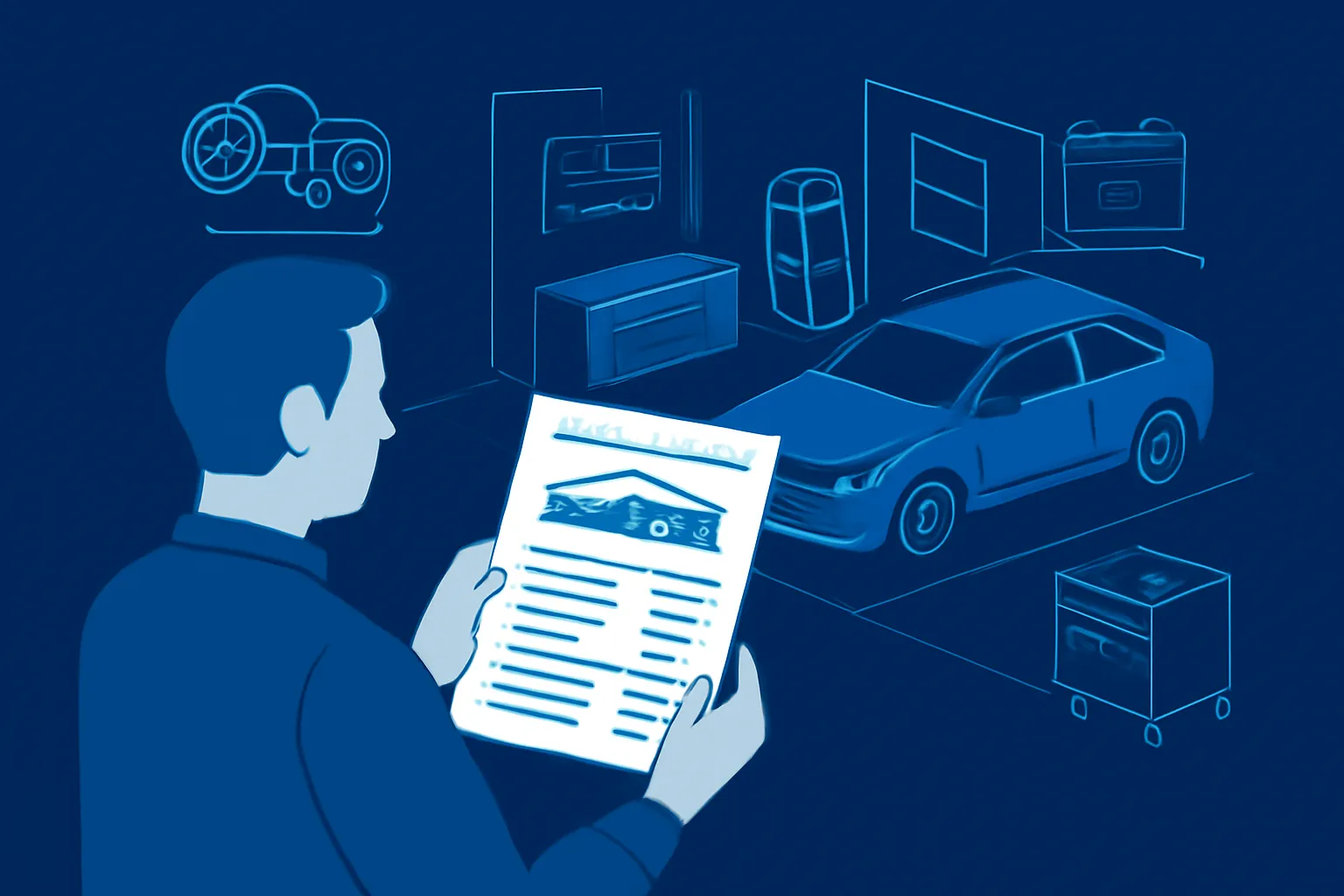 Driver reviews a UAE garage invoice showing repair completion and storage dates