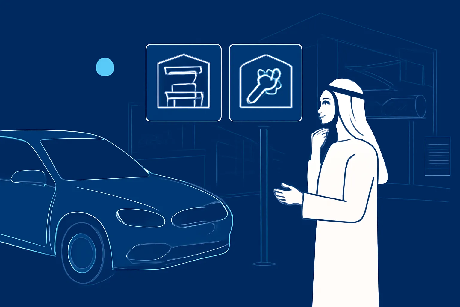UAE driver comparing weekend garage options beside a car in a workshop forecourt