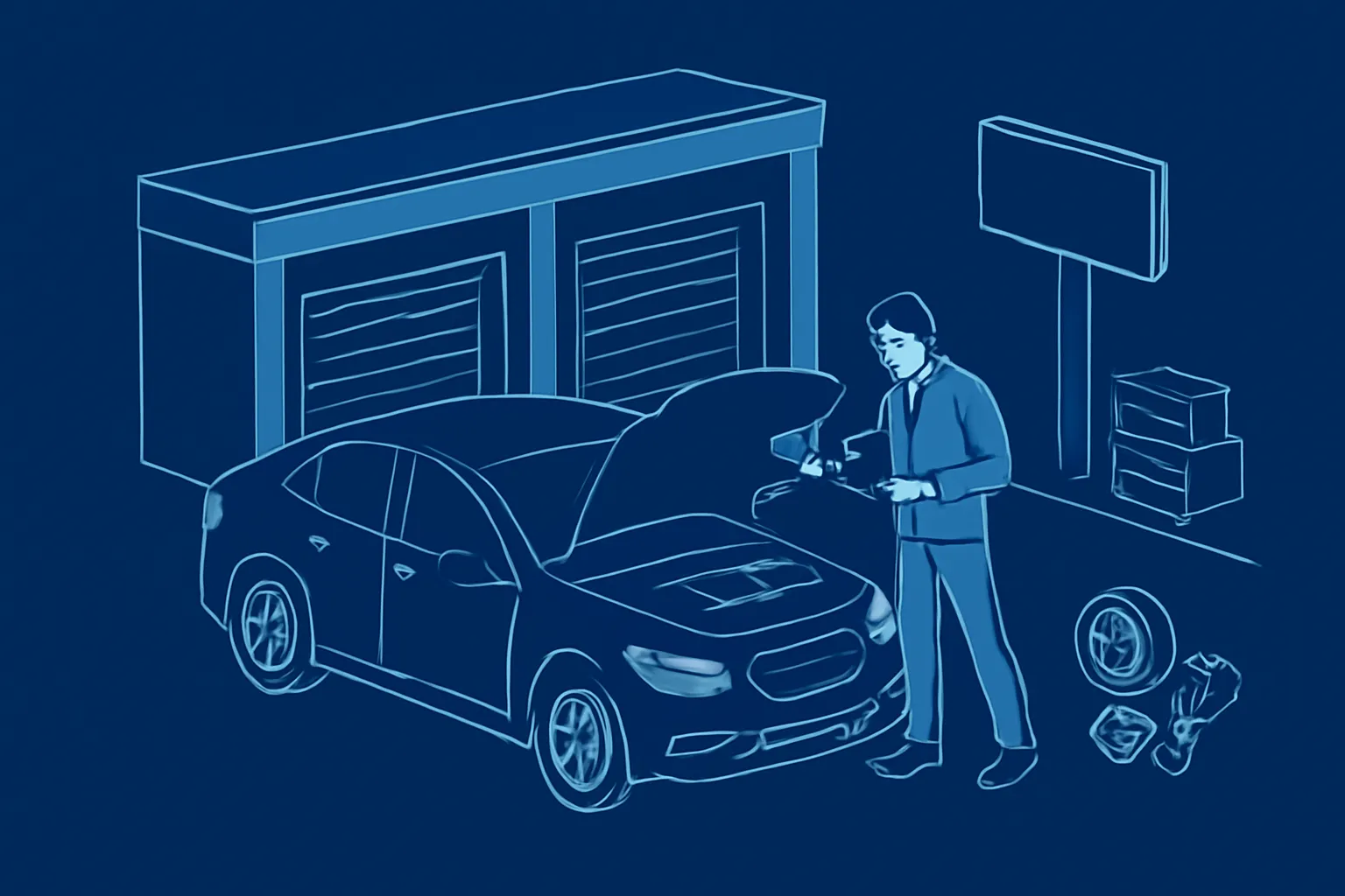 Technician inspecting a car beside service bays in Al Quoz