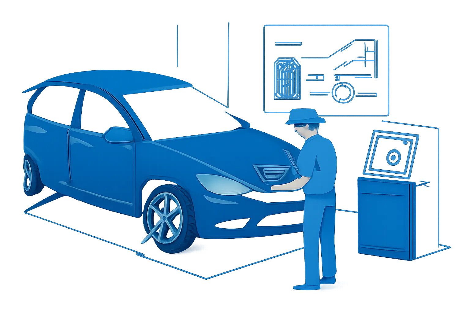 Technician checking wheel alignment readings on a UAE car in a workshop