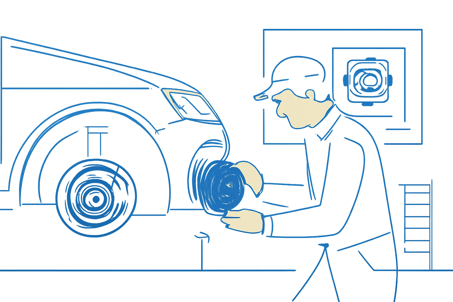 Mechanic inspecting a wheel hub and bearing on a car in a UAE workshop