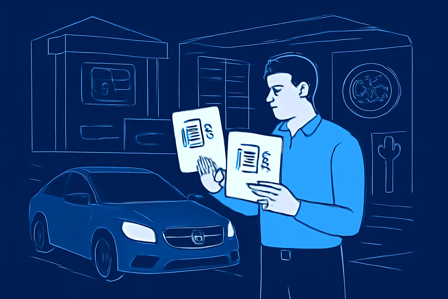 Driver comparing Mercedes garage estimates beside a car in a Dubai workshop