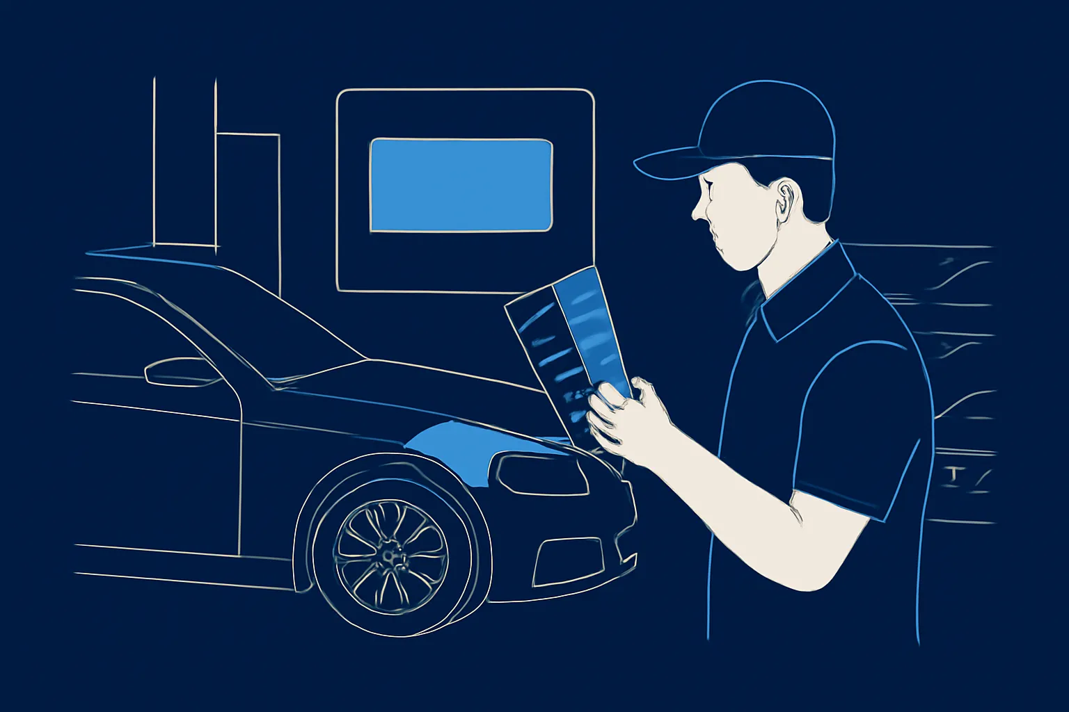Technician matching BMW paint colour beside a repaired panel in an Abu Dhabi workshop