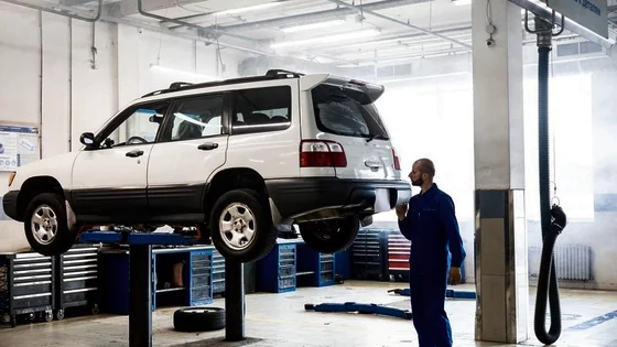 An inspector checking paint thickness on a used car.